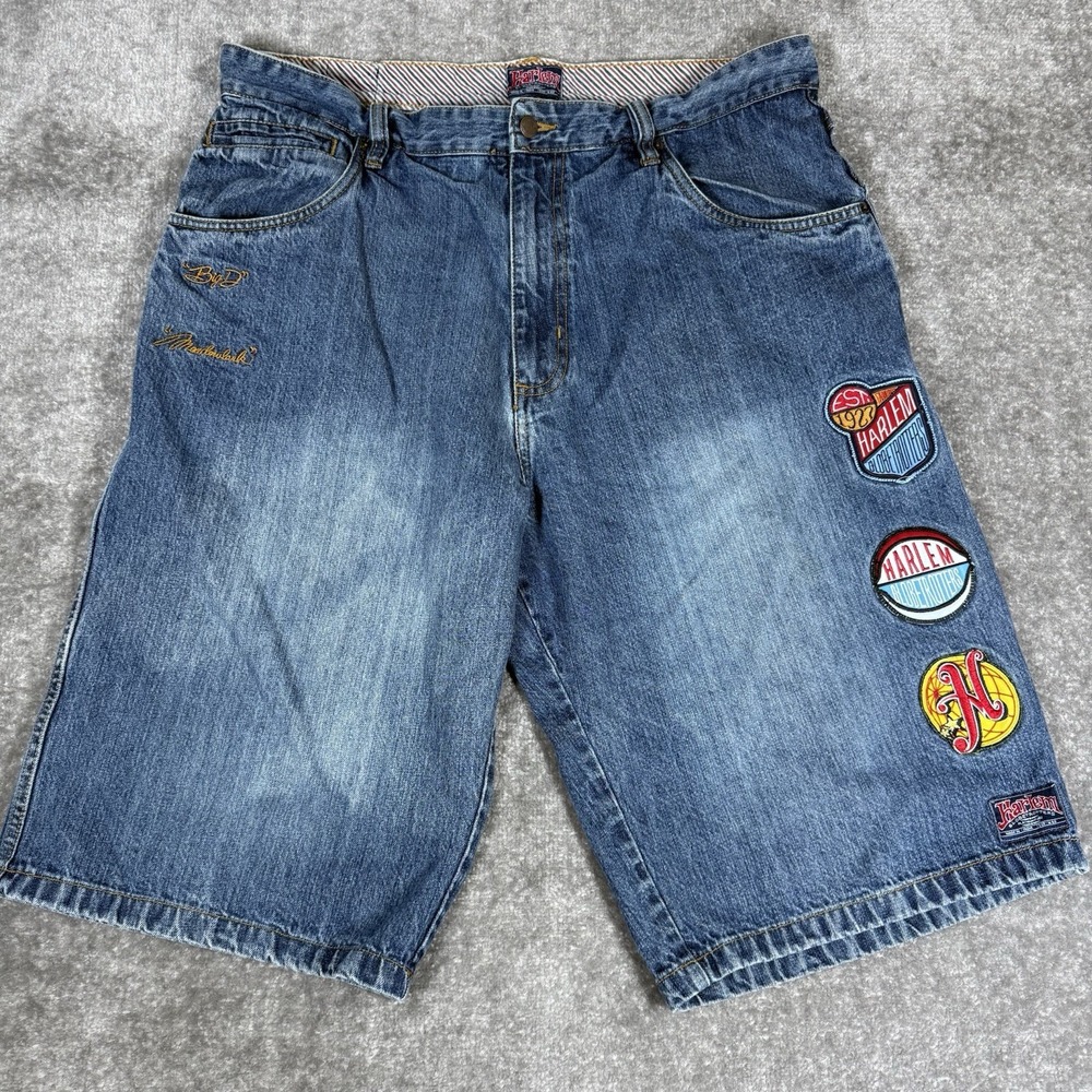 FUBU X Harlem Globetrotters Shorts Men's 40 Blue‎ Denim Patches Big D Meadowlark